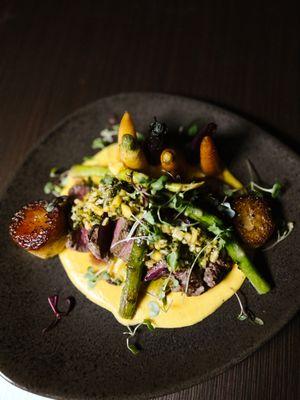 Filet Mignon with fondant potatoes, mango chimichurri over mango wine sauce