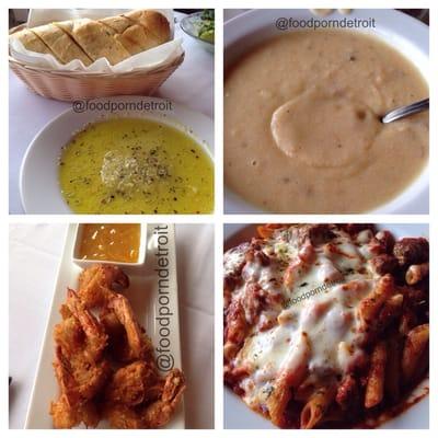 We ordered coconut shrimp, loaded baked potato soup. Penne with well done Italian sausage and chucks of tenderloin tips.