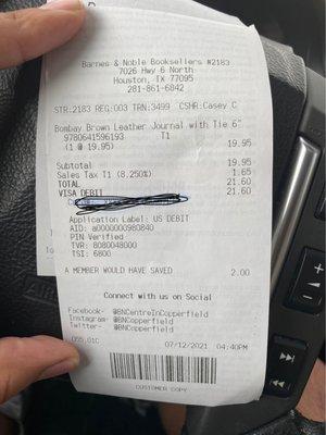 Store receipt to prove purchase.