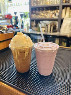 Iced pumpkin latte with pumpkin cold foam and a Bees Knees smoothie with Whey Protein powder