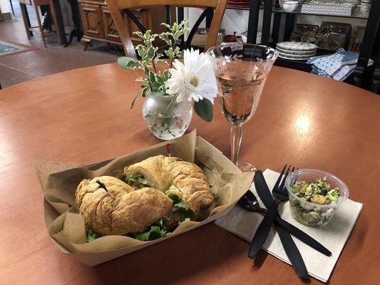 Our homemade chicken salad on croissant. Lovely wines available by the glass.