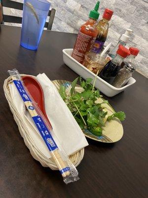 Condiments Caddy on table. Fresh Toppings for Pho