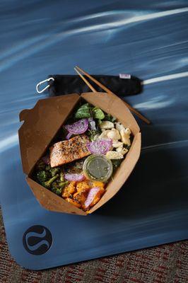 Build a Bowl: Salmon, Coconut Rice,Mixed Greens, roasted winter squash, charred broccoli, farm seasoned turnips