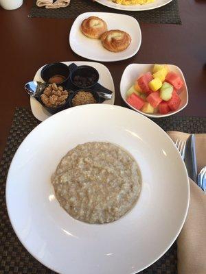 My favorite oatmeal with bowl of fruits and (very small) danish hahahaha