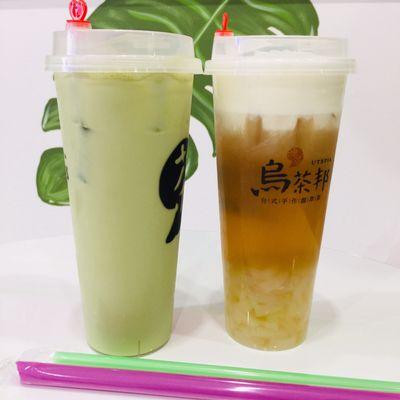 Left to Right: Matcha Milk Tea (no sugar) and Four Season Tea with Milk Foam (half sugar) with Coconut Jelly