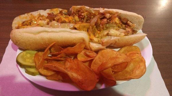 Papi's chicken cheese steak with house-made potato chips.