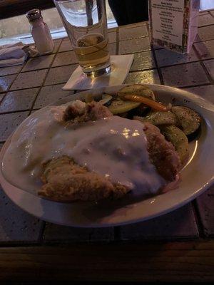 Chicken fried steak with mashed potatoes and vegetables!