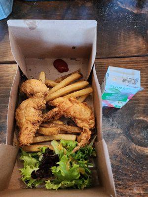 $16 for two tenders and about 12 french fries. In fairness, they did include about a fork full of lettuce and a juice box.