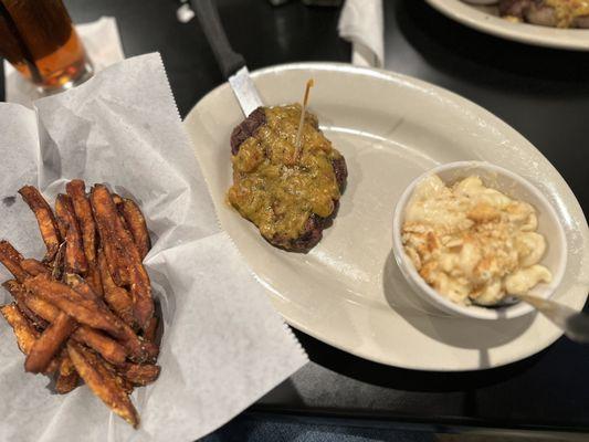 Filet topped with crawfish Julie, sweet potato fries and Mac n cheese