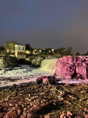 Nighttime at Sioux Falls (For the month of October they lit them in pink to honor breast cancer awareness)