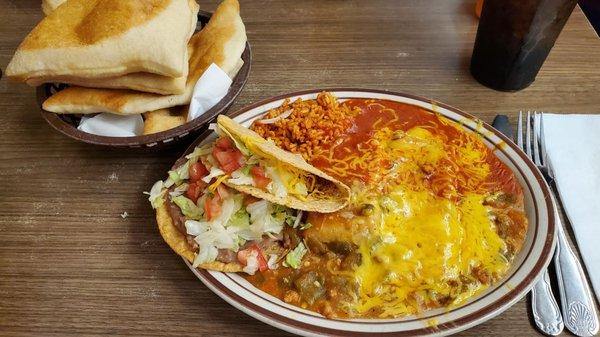 Combo Plate: Tostado, Beef Taco, Pork Tamale, Two Cheese Enchiladas, beans, rice, and Chili sauce