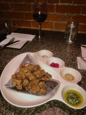 Crispy chislic appetizer, with rosemary salt, red wine salt, Sioux Valley Grille house seasoning, and chimichuri sauce.