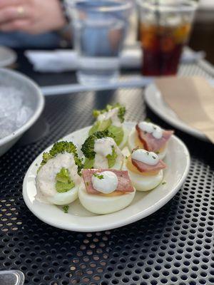 Deviled eggs: broccoli and ham (don't recall specific names)