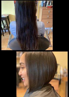 Before & After! Love cutting clean lines & sharp angles on a bob. Haircut created by Elenie