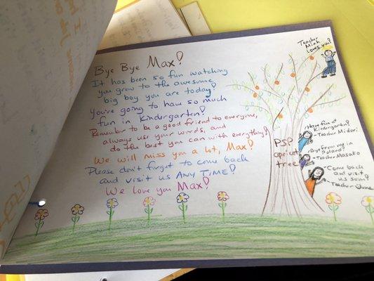 The last page of my son's book of messages from his friends when he left for kindergarten