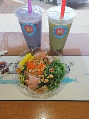 Matcha and Ube Boba tea and salmon bowl