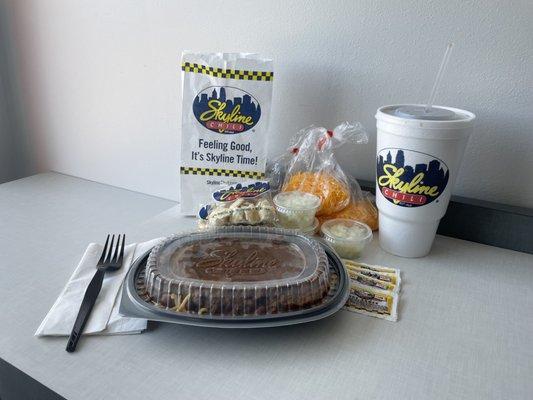 Can't wait to dig in to my Skyline chili 5-way. Look at all of those fixins!