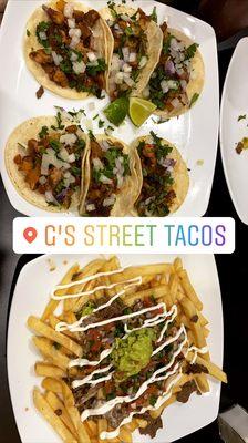 Al pastor tacos, and carne asada fries!