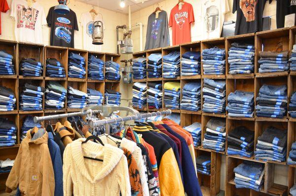 Our extensive vintage denim wall is always stocked! Our staff of denim experts are always ready to help you find the perfect pair.