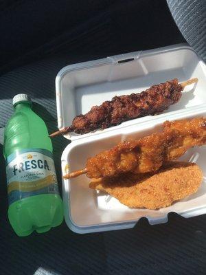 2 chicken kabobs and fried fish