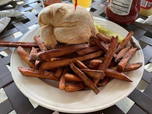 Fairview Burger with sweet potato fries