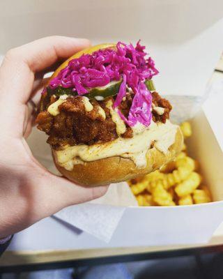 Fried chicken sandwich and crinkle cut fries