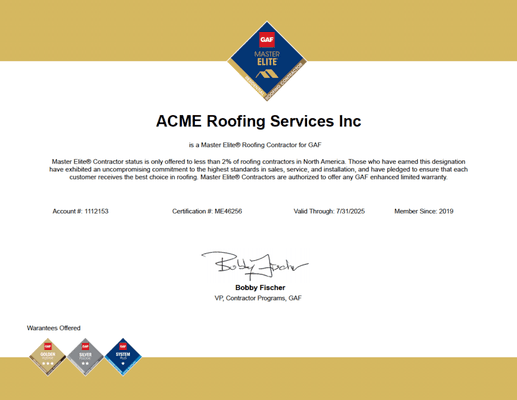 ACME Roofing is a Master Elite Contractor for GAF! Master Elite Status is offered to less than 2% of roofing contractors in North America!