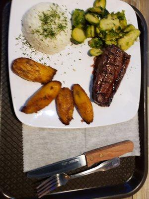 Picanha with white rice, fried plantains, and brussel sprouts