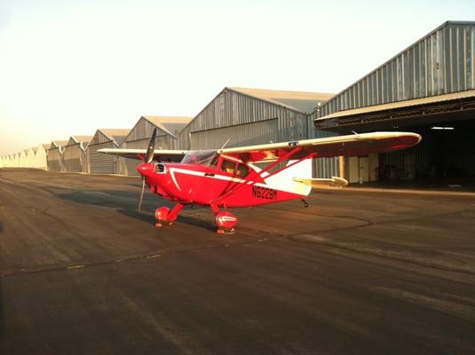 Congrats Tim Potter!  Private in 42 hours, Tail Wheel in 9 hours, and buys this antique Stinson 108-3.  Foothill Flying Club!!