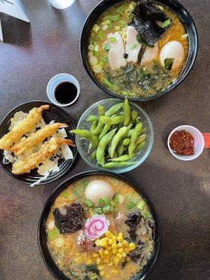 Ramen, Edamame, Shrimp tempura