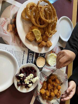 Fried scallops, cheese curds, and beets.