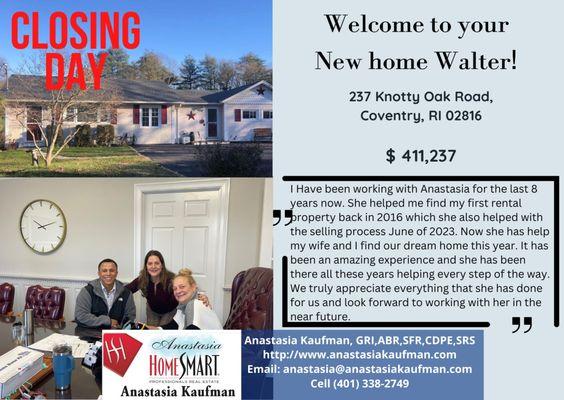 New Home for Buyer in Coventry, RI - So happy to help! Anastasia Kaufman HomeSmart