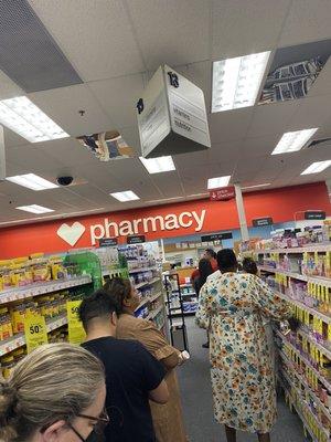 The long line to wait to pick up prescriptions. 15+ people