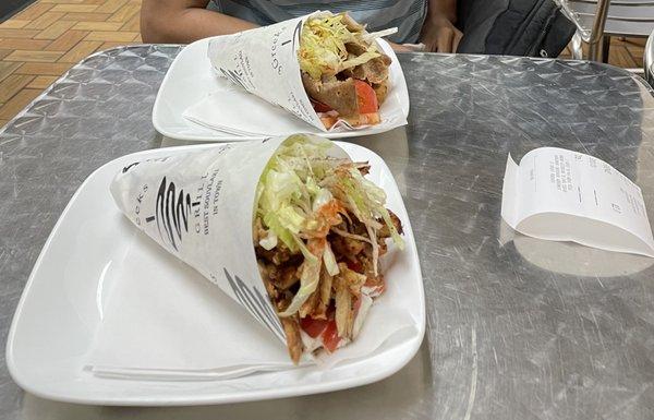 chicken shawarma sandwich (bottom), lamb gyro sandwich (top)