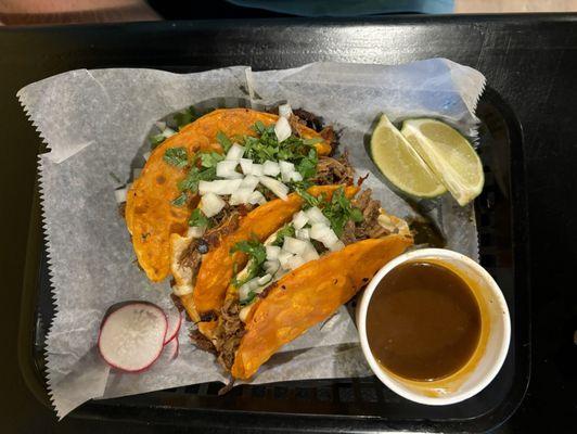 Birria Quesitacos (3) Braised beef, Mexican cheese, onion, cilantro, side of consommé