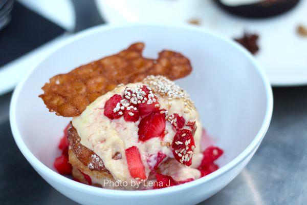 Strawberry Shortcake ($12) - Sesame biscuit, macerated strawberries, lemon custard, ginger tuile. Not good.