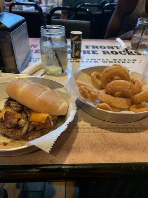 Wisconsin burger and onion rings