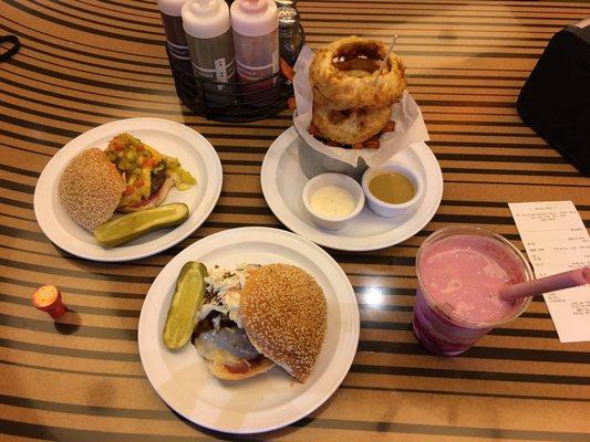 Chicago burger (April 2017 burger of the month), Dallas burger, cherry blossom shake (shake of the month), onion rings/sweet potato fries.