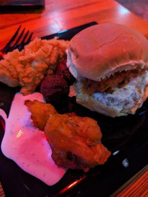 Finger foods - chicken sandwich with potato salad, chicken fingers, cauliflower nuggets