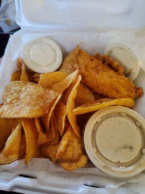 Chicken tenders with a side of homemade chips and French onion dip