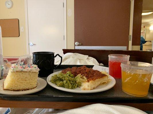 Does this look like a healthy meal for a diabetic? Two kinds of sugared fruit juice, pasta, bread, and cake?