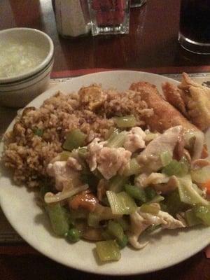 Fried rice, moo goo gai pan, crab ragoon, egg roll