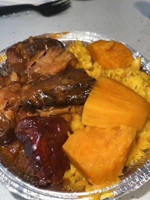 BBQ Chicken candied yams and mac and cheese