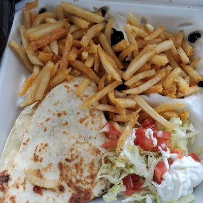 Chicken quesadilla with fries instead of beans and rice.