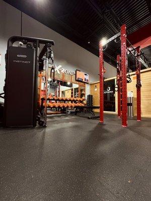 FX Zone with free weights ranging from 5lbs-50lbs. Cable machine with attachments. Rouge rack with RTX straps, dip bar, and pull up handles.