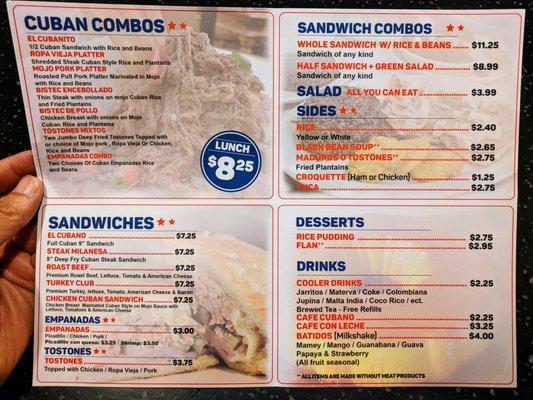 Paper menu (2 of 2). Cuban combos, sandwiches, sandwich combos, salad, sides, desserts, drinks.