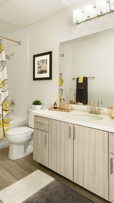 Apartment Bathroom with vanity mirror and soaking tub.