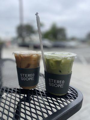 Madagascar Vanilla Latte and iced matcha latte