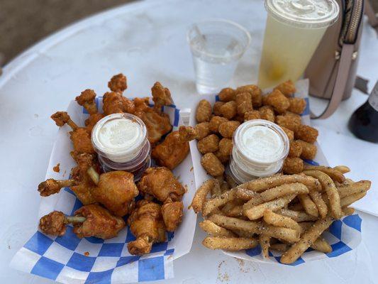 Sweet Chili, Spicy Pineapple Wings with Ranch On Fire Tots and Garlic Parmesan Fries!