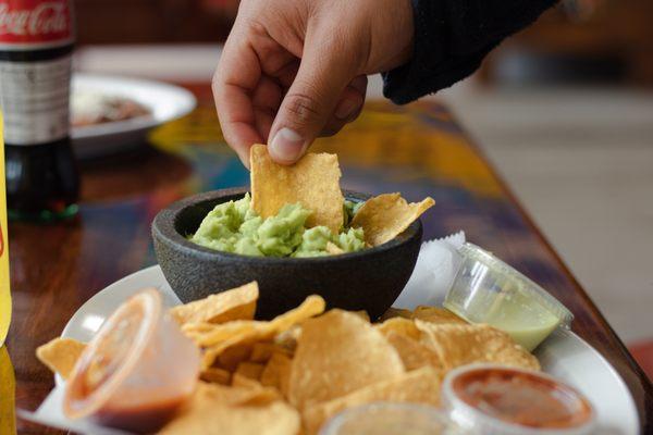 Our side of guacamole, chips, and salsa.